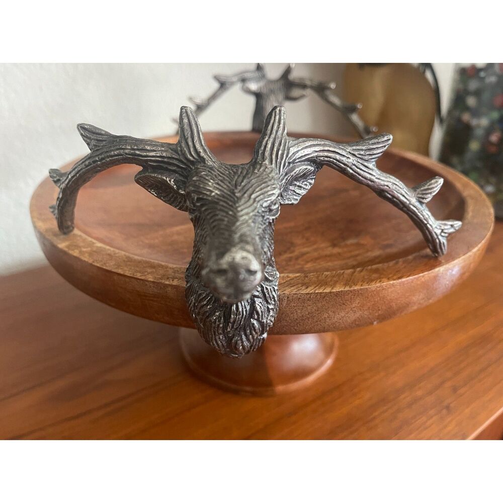 Vintage Pewter Stag Deer & Solid Wood Serving Pedestal Tray/Platter Cake Dessert